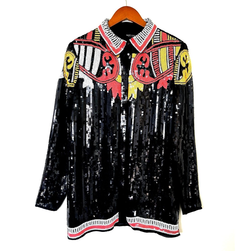 Nasty Gal Womens Country Star Sequin Jacket Sz 2 Black Statement Piece Rock Glam